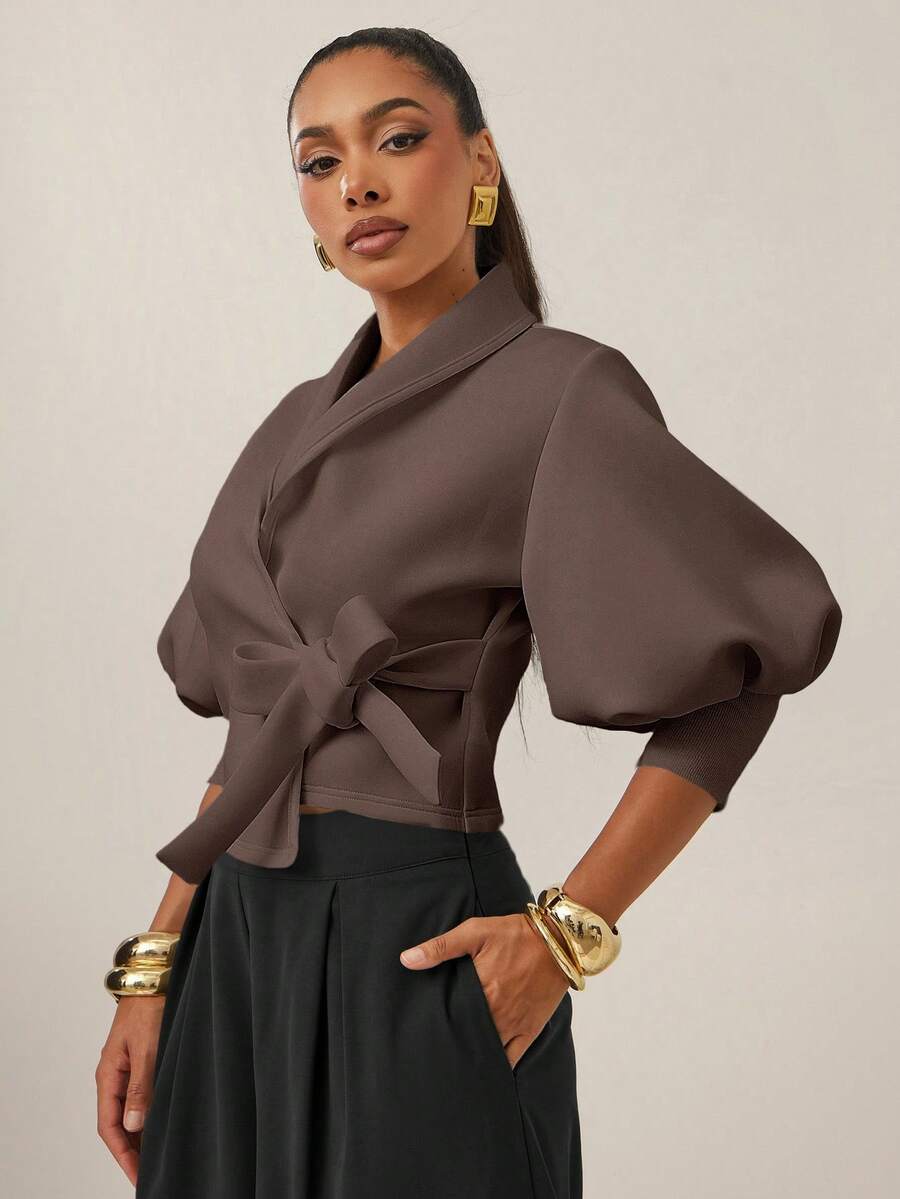 Vixey Women's Solid Color Twist Waist Design Fashionable Versatile Date Night Lantern Sleeve Top - Coffee Brown - View 1