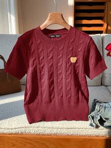 SHEIN EZwear Plus Size Women's Cute Bear Icon Textured Knit Short Sleeve Fitted Pullover Top, Warm Yellow, Suitable For Early Autumn - Burgundy - View 3