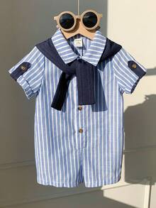 SHEIN 2件套新生男宝宝休闲度假藏蓝色条纹连体衣套装，含披肩，适合生日派对、锐舞派对、晚宴、演出、婚礼、迎婴派对、洗礼和一周岁生日庆祝活动。 - 彩色 - 查看 3