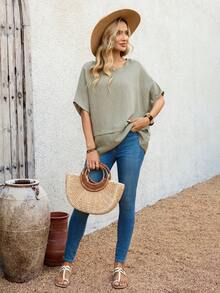 EMERY ROSE 女士纯色圆领蝙蝠袖短袖休闲宽松上衣，适合休闲场合，波西米亚风，宽松版型，蝙蝠袖设计，纯色，夏季休闲，斗篷式上衣 - 綠色 - 查看 3