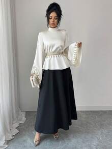 Elenzga Camisa elegante de mujer con mangas acampanadas, bordada con encaje floral 3D y lentejuelas en la cintura, para la temporada de principios de primavera - Albaricoque - Ver 4