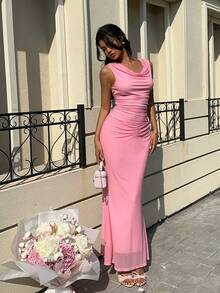 MainGrl 浪漫约会青春活力粉色深V领露背珍珠链网纱装饰上衣和鱼尾裙两件套 - 粉色 - 查看 2