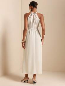SHEIN Veneréa Elegant Halter Neck Tie Waist Ruched Flounce Hem Dress - Apricot - View 2