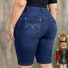 Women Design Embroidery Pocket Style High Shot Urban Style Summer Pants - Blue - View 3