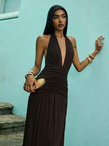 Opulessa 纯色针织网纱露背吊带连衣裙，适合春夏穿着 - 棕色 - 查看 1