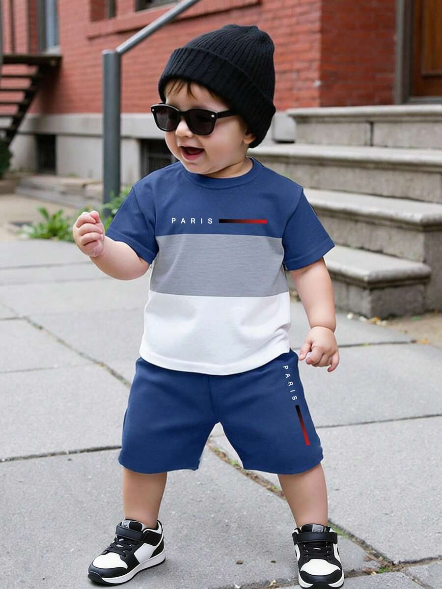 Bộ 2 món áo thun ngắn tay và quần short in chữ phối màu năng động cho bé trai, trang phục thoải mái cho mùa xuân, hè và thu. Quần áo mùa hè cho bé trai, bộ đồ hè cho bé trai, bộ 2 món quần short cho bé trai, trang phục mùa hè cho bé trai.
