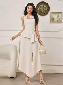 Modelyn Women's Elegant Ruffle Trim Sleeveless Top And Slit Hem Midi Skirt 2 Pieces Set, Suitable For Dates And Parties