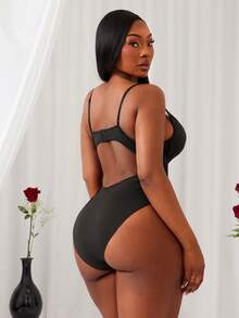 SHEIN SXY Plus Size Fashionable Sexy Lace Patchwork Backless Bodysuit,Suitable For Dates, Gatherings, Parties, Clubs, Nightlife Mesh Two Pieces Set Black Lace/Valentine's Day,Suitable For Banquet,Feast,Dinner Party,Prom,Ball,Urban,Versatile,Sexy Office Siren,Cruise Attire,Vintage,Festival,Concert,Carnival,Outing,Richly Layered,Holiday,Date Night,Gathering,Birthday,Bachelorette Party Outfit ,Cocktail,Formal Event - Black - View 2