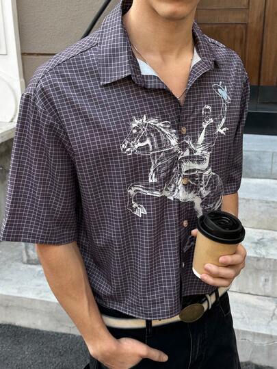 SWAVVY Retro College Style Unisex Couple Printed Pattern Spring/Summer Exclusive Casual New Short Sleeve Shirt Vintage Cowboy Shirt Cowboy Carter Shirt Cowboy Men Shirt Rodeo Shirt Horse Shirt