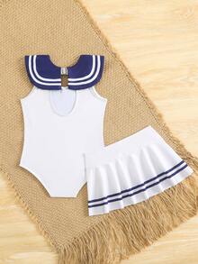 SHEIN 女婴沙滩装两件套，海军蓝领，立体褶皱裙摆，透气针织面料泳衣，适合沙滩、泳池、海边、冲浪度假、夏季旅行等场合。 - 白色 - 查看 2