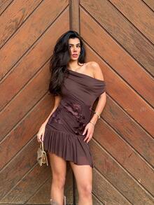 Siren Gaze Women's Floral Jacquard Asymmetric Shoulder Ruffle Hem Fashionable Mini Dress Summer Casual Chocolate Brown Dress Brown Short Dress,Summer Dresses For Women,Spring Dress Women,Valentine's Day Dress,Carnival Costume For Women ,Beach Dresses, Elegant Party Dresses For Women,Holiday Dress,Floral Dresses For Women - Coffee Brown - View 5