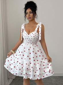 SHEIN Elenzya Đầm ngắn xòe dáng tiêu chuẩn, màu trắng in hình dâu tây, kiểu dáng thanh lịch, buộc dây, thích hợp cho các dịp thường ngày, hẹn hò, đi biển, tiệc hè và đám cưới. - trắng - Xem 5