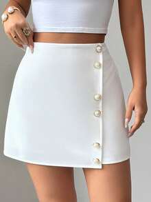 SHEIN Elenzya Damen A-Linie Rock mit Perlenknopf-Dekor, minimalistischer College-Stil Pendler-Lässig-Wear, geeignet für Ausgehen, Dates, Einkaufen, Zuhause, Frühling/Sommer - Weiss - Übersicht 4