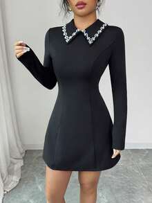 Selianne Elegant Black And White Plus Size Business Dress,Autumn A-Line French Style Pearl Decor Collared Long Sleeve Waist Cinched Dress For Dinner,Holidays - Black - View 4