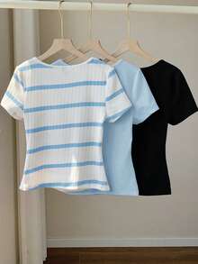 SHEIN Comfortcana 3件套女士基础款圆领短袖T恤，黑白配色 - 藍色 - 查看 2