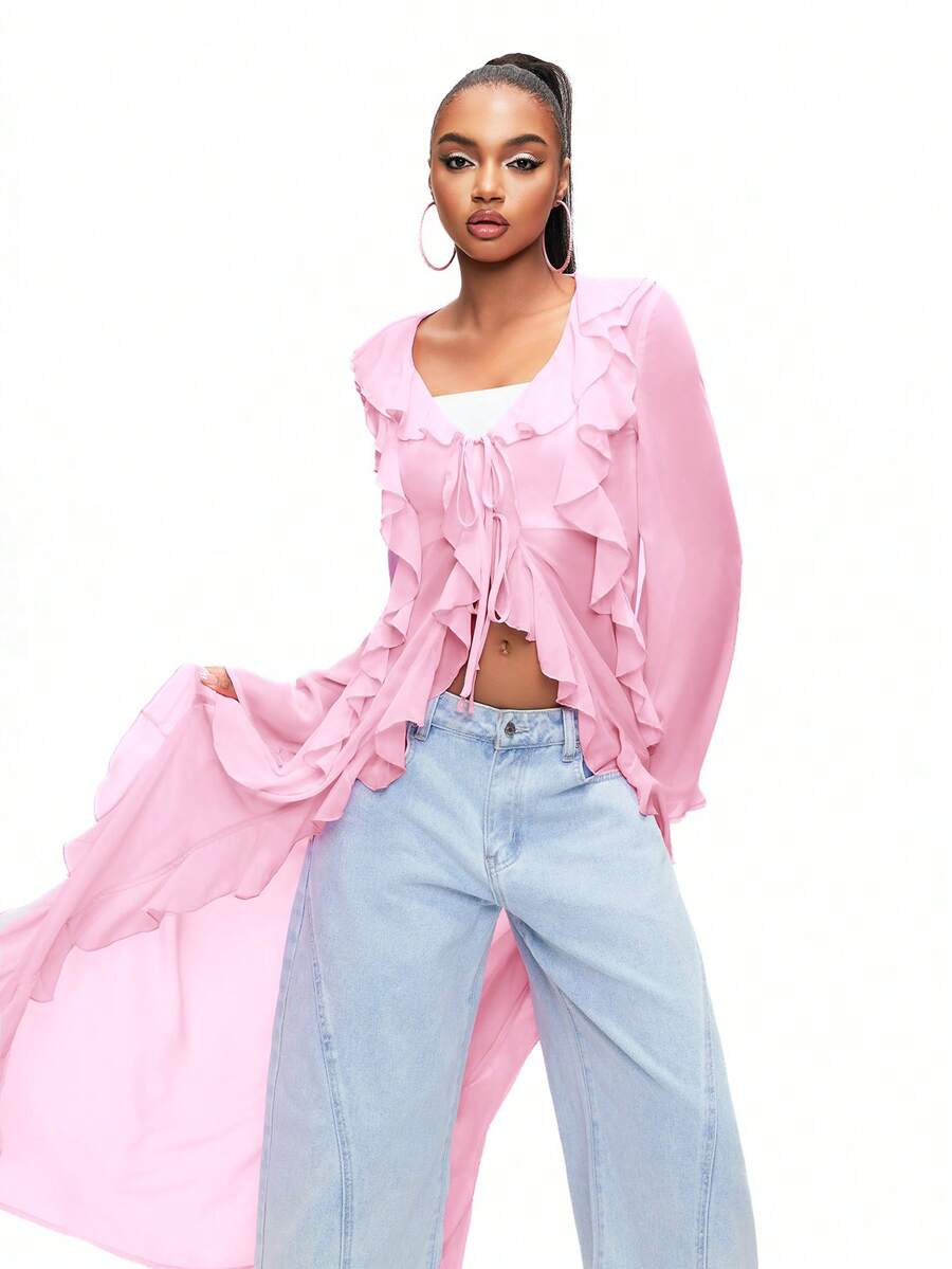 TypaGal 女士简约纯色荷叶边长袖衬衫，休闲日常穿着 - 粉色 - 查看 1