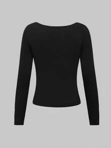 SHEIN Tween Girl 3D Floral Decor Asymmetric Collar Long Sleeve Fashion T-Shirt - Black - View 8