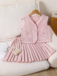 SHEIN Elegant Sleeveless Bowknot Cardigan Top And Pleated Skirt Set For Tween Girls, Summer - Pink - View 6