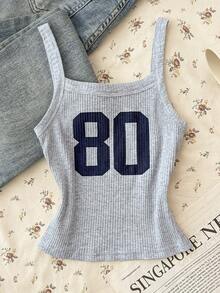 Tween Girls Floral Grey Camisole Knit Cropped Numeric Print Tank Top - Grey - View 3