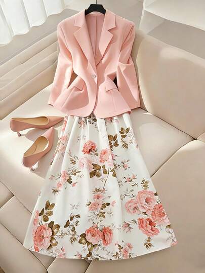 GlowEve Women's Elegant Solid Color Blazer And Printed Mini Skirt Suit Set, Spring/Summer