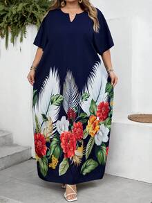 SHEIN CURVE+ Spring And Summer Autumn And Winter Elegant Navy Blue Woven Notched Kaftan Dress Plus Size Dresses