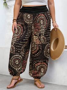 SHEIN CURVE+ Curve 尺码 US22 音乐节、海滨度假、波西米亚休闲度假时尚高腰印花哈伦裤 - 黑色 - 查看 7