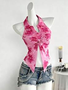 Lalippa Women's Floral Print Twist Front Halter Top, Vacation Wear - Pink - View 1