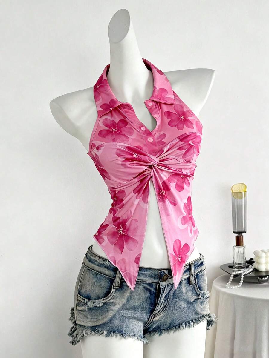 Lalippa Women's Floral Print Twist Front Halter Top, Vacation Wear - Pink - View 1