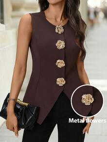 Editum Women's Sleeveless Vest Waistcoat, Brown Round Neck Rose Gold Metal Button, Elegant For Daily Wear, Commute, Autumn/Winter, Early Spring Dark Brown Top Women Sleeveless Tops Classy Top Tops For Women Elegant Business Casual Tops Woman