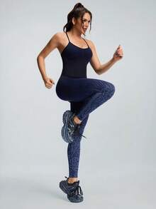 Innovista Seamless Women Navy Leopard Stripes Gradient Sport Jumpsuit,Removable Cups Asymmetric Back Straps Mesh Yoga Jumpsuit,Summer Sexy Gym Workout Jumpsuit - Blue - View 7
