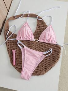 Swim Mod Bộ bikini 2 mảnh mùa hè, phối màu trơn, kiểu cổ yếm, nhuộm tie-dye, trang trí phụ kiện hình bầu dục và quần bơi có dây rút bên hông. - Nhiều màu - Xem 3
