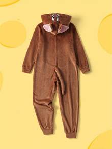 TOM & JERRY X SHEIN Tween Boy Brown Cartoon Jerry Mouse Embroidery 3D Ear Hooded Jumpsuit, Suitable For Autumn/Winter, Halloween, Party