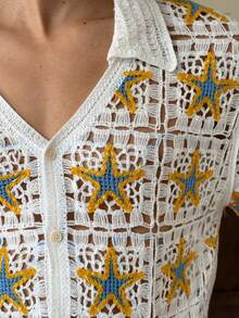 SWAVVY Men's Starfish Pattern Hollow Out Single-Breasted Casual Short Sleeve Knit Top - Apricot - View 2