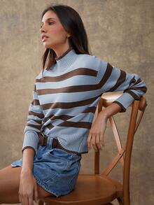 WESTFADE 高领长袖宽松条纹套头针织毛衣，可爱秋季上衣，休闲百搭，适合秋季、冬季穿着，波西米亚风、纳什维尔牛仔风、西部风女装 - 棕色 - 查看 3