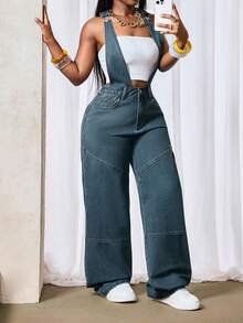 Slaydiva Plus Size Women Sleeveless Buttoned Denim Jumpsuit With Pockets, Casual & Versatile For Commuting & Outings - Blue - View 3