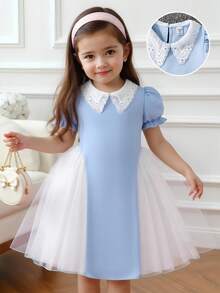 Young Girl' Cute Lace Collar Puff Sleeve Patchwork Tulle Textured Fabric Casual Elegant Dress - Blue - View 1