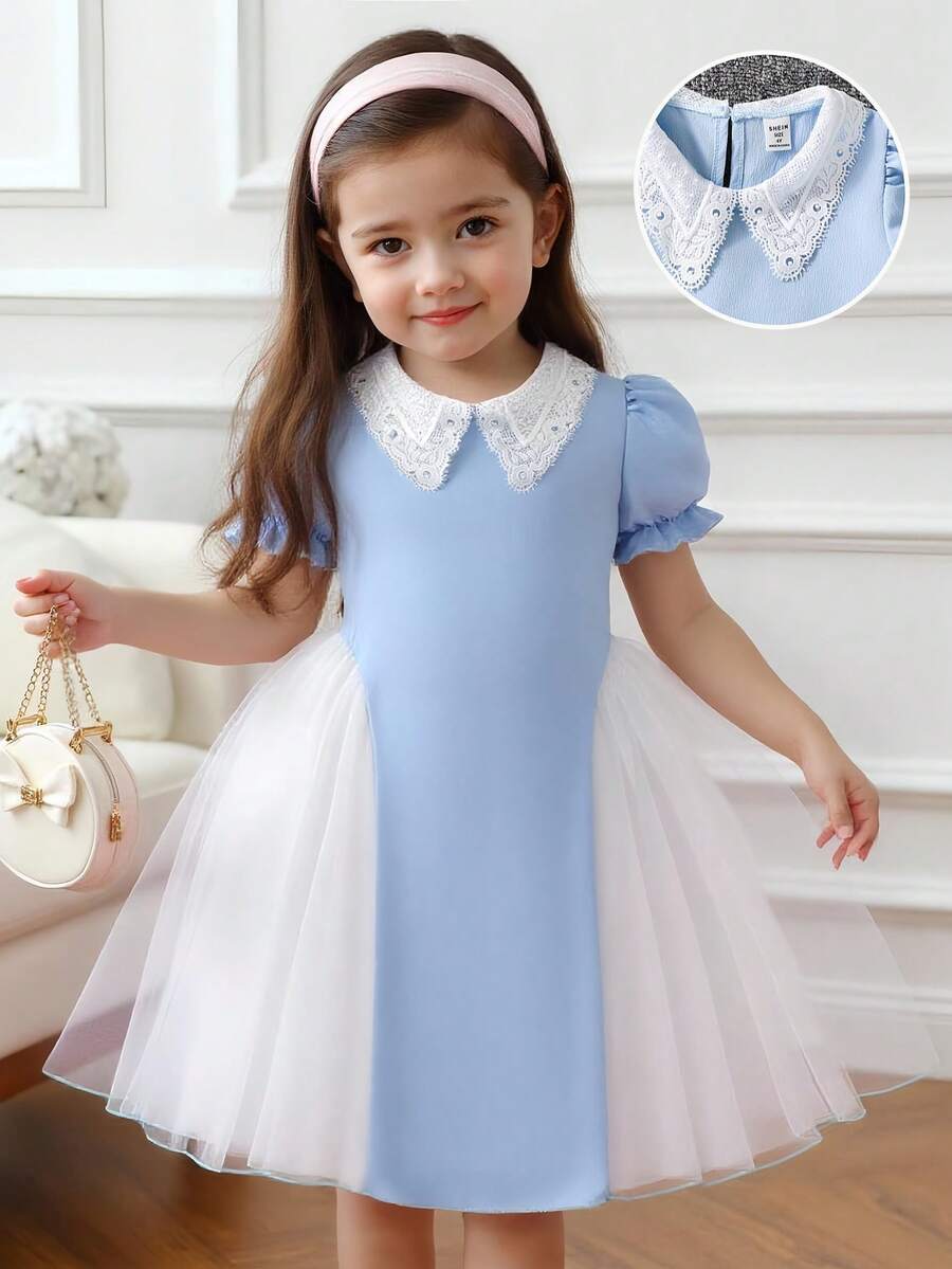 Young Girl' Cute Lace Collar Puff Sleeve Patchwork Tulle Textured Fabric Casual Elegant Dress - Blue - View 1