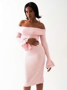 OverBlushhh Vestido midi suave y elegante de mujer con hombros descubiertos, mangas largas, volantes y busto fruncido, ideal para uso diario, citas, cumpleaños, graduación - Rosa Pálido - Ver 4