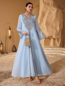 Al Najma Fashionable New Heavy Embroidered Collar Women's Arabic Dress - Baby Blue - View 5