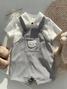 SHEIN 2pcs Set White Summer Casual Family Matching Baby Boy Striped Cartoon Bear Romper Overalls & Short Sleeve Collared Button Shirt Outfit For Birthday - Multicolor - View 5