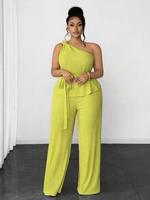 Maweii Plus Size Women's Fashion Solid Color 3D Floral Decor One-Shoulder Top And Pants 2-Piece Set, Summer - Lime Green - View 6