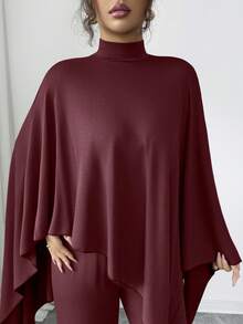 Elenzga Bộ đồ nữ phong cách Trung Đông thanh lịch, tối giản, dệt kim bất đối xứng gồm áo poncho và quần ống rộng cạp chun. - Đỏ - Xem 3