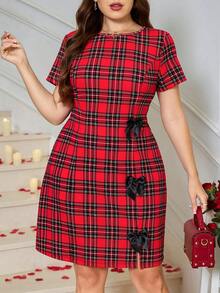 SHEIN Clasi 大码女式格子印花面料蝴蝶结装饰优雅时尚圆领休闲连衣裙 - 紅色 - 查看 3