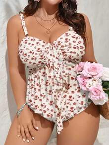 Swim Mod 大码印花扭结前开襟背心式泳衣套装（上衣和下装） - 彩色 - 查看 3