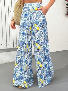 EURMUSE Women Spring Summer Vacation Lemon Print Elastic Waist Wide-Leg Pants - Multicolor - View 4