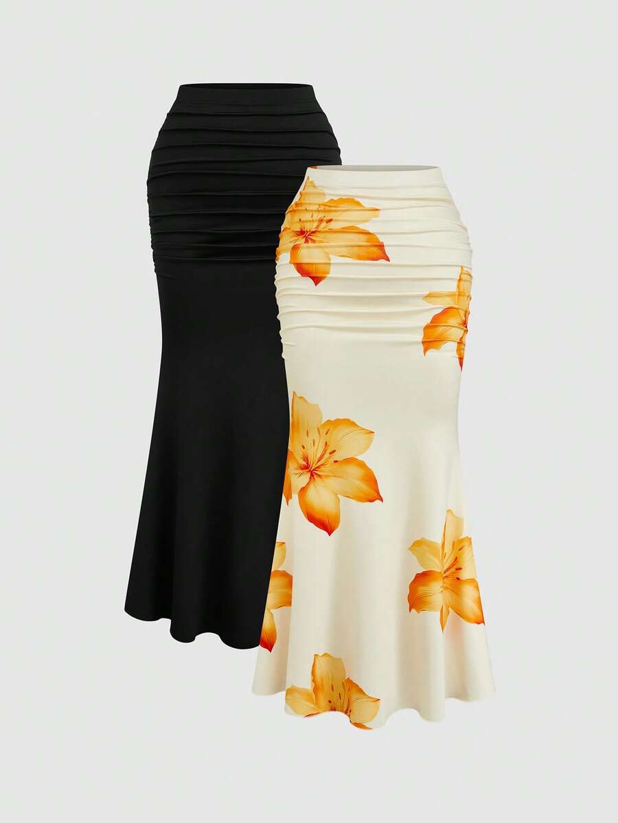 Sweetra加大码两件套女士优雅派对纯色美人鱼裙和印花裙 - 彩色 - 查看 1