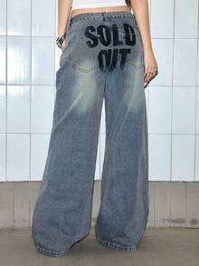 ROMWE Grunge Punk Women's Casual Printed Denim Jeans - Blue - View 3