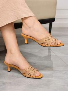 Sleekvia 女士水钻装饰时尚日常休闲高跟凉拖鞋 - 黃色 - 查看 4