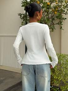 Muchica 1件女士白色针织单排扣长袖二合一时尚T恤 - 白色 - 查看 2