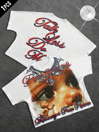 PAVTROS 男士圆领蝙蝠袖时尚印花休闲T恤，夏季Y2K风格男士圆领短袖水钻T恤